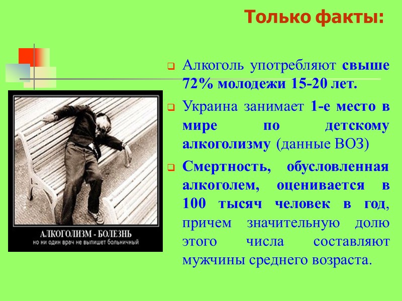 Только факты:  Алкоголь употребляют свыше 72% молодежи 15-20 лет.  Украина занимает 1-е
